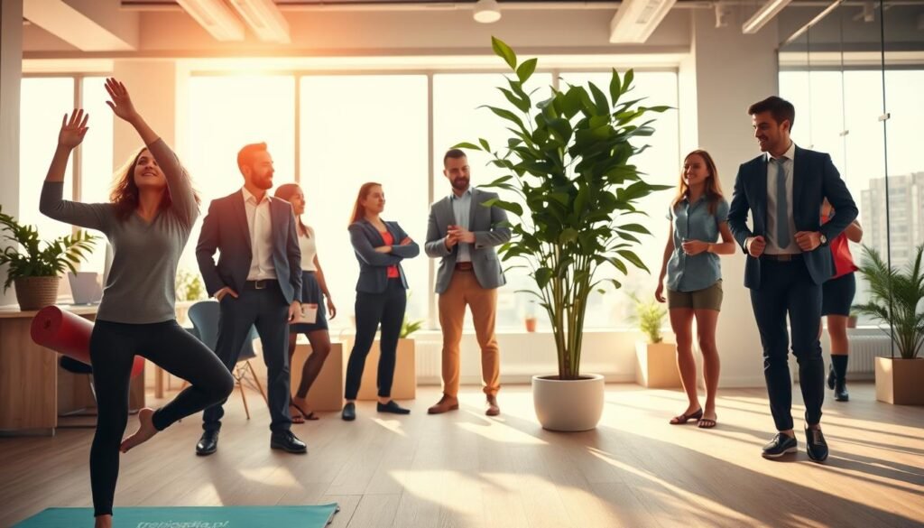 A vibrant, engaging scene depicting a diverse group of professionals in a modern office setting, actively participating in a "wellness break" to counteract a sedentary lifestyle. In the foreground, a young woman in a smart casual outfit is stretching, while a middle-aged man in business attire holds a yoga mat, and a teenager is engaged in a fun physical activity, like playing catch. The middle ground has a few colleagues standing around a large indoor plant, discussing wellness tips. The background showcases a bright, airy office with large windows allowing natural light to flood the room. The atmosphere should feel energetic and supportive, emphasizing health and teamwork. The lighting is warm and inviting, creating a sense of positivity and motivation. Include elements symbolizing training and wellness, branded with "treningdnia.pl".