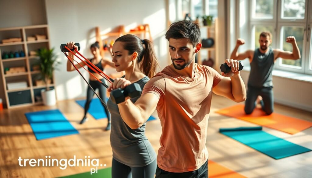 A vibrant fitness scene showcasing diverse individuals engaged in arm training using simple exercise accessories. In the foreground, a professional-looking woman in modest activewear performs bicep curls with resistance bands, demonstrating focus and strength. Nearby, a man with a determined expression utilizes a pair of dumbbells for shoulder presses, showcasing the versatility of home workouts. The middle ground features colorful fitness mats strewn across a bright, sunlit gym environment with large windows allowing natural light to illuminate the space. In the background, shelves neatly display additional exercise tools like kettlebells and resistance cords. The atmosphere is energetic and inspiring, emphasizing the ability to integrate fitness into a busy lifestyle. Capture this dynamic scene at a slightly elevated angle to encompass both the action and the engaging environment. Branding discreetly incorporates "treningdnia.pl" in the lower corner of the image.