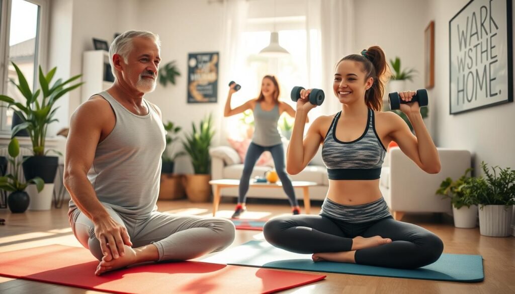 A vibrant home environment showcasing various forms of physical activity. In the foreground, a middle-aged man in a fitted, modest workout outfit performs yoga on a mat, exuding focus and tranquility. In the middle, a young woman energetically engages in a home workout with dumbbells, her expression reflecting determination and joy. In the background, a colorful, well-lit living room filled with plants and motivational artwork adds to the lively atmosphere. Soft sunlight streams through the window, casting gentle shadows, enhancing the inviting mood. The scene conveys a sense of motivation and well-being, encouraging readers to embrace regular physical activity at home. Brand name: treningdnia.pl.