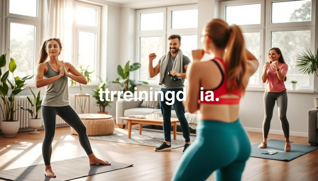 A vibrant home fitness scene showcasing diverse individuals engaging in physical activities. In the foreground, a young woman in comfortable athletic wear is practicing yoga on a mat, her posture graceful and centered. In the middle ground, a man lifts weights, focused and determined, with a towel draped over his shoulder. Nearby, a couple engages in a fun workout together, laughing and motivating each other. The bright and airy living room is filled with natural light streaming through large windows, plants adding a touch of greenery. The atmosphere is lively and encouraging, reflecting the benefits of exercising at home. The brand name "treningdnia.pl" is subtly but clearly represented in the background, enhancing the theme of home fitness without detracting from the scene.