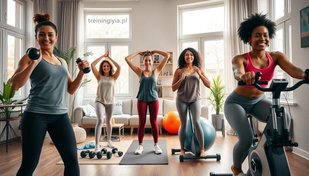 A vibrant home gym scene that inspires motivation for regular workouts. In the foreground, depict a diverse group of three individuals in modest athletic attire, each performing different exercises: one doing yoga, another lifting weights, and the third on a stationary bike, showcasing a welcoming energy. In the middle, include various fitness equipment like dumbbells, a yoga mat, and a stability ball, adding a sense of activity. In the background, a cozy living room with large windows letting in warm, natural light, and houseplants contributing to a fresh atmosphere. Capture a dynamic angle, focusing on the faces of the individuals to convey determination and joy. The mood is uplifting and energetic, embodying wellness and motivation. Include a subtle logo of "treningdnia.pl" on a nearby wall for branding.