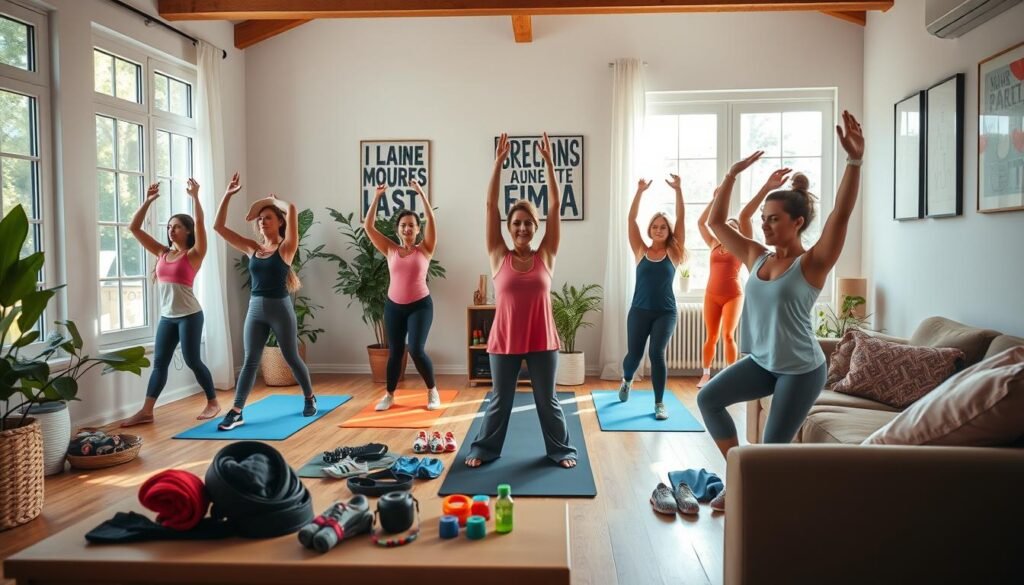 A vibrant home workout scene designed for women, showcasing a cozy living room environment filled with natural light streaming through large windows. In the foreground, a diverse group of women in modest, colorful athletic wear engaging in various exercises like yoga, stretching, and bodyweight routines using simple gear like mats and resistance bands. The middle ground features fitness accessories neatly organized, creating an inviting and motivating atmosphere. The background includes plants and motivational posters on the wall, enhancing the supportive feel of the space. The lighting is soft and warm, emphasizing the energy of the workout. Capturing a sense of empowerment and community, the scene is perfect for illustrating the benefits of home workouts. Brand: treningdnia.pl.