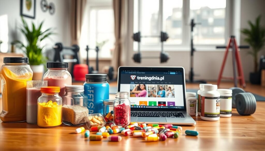A vibrant image showcasing a diverse array of dietary supplements arranged aesthetically on a wooden table, symbolizing fitness goals. In the foreground, clear bottles filled with colorful powders and capsules hint at protein shakes, vitamins, and pre-workout supplements. The middle ground features a sleek laptop with the website "treningdnia.pl" displayed, indicating a focus on home workouts. In the background, a well-lit home gym setting has workout equipment like free weights and a yoga mat. Soft, natural light filters through a window, creating an inviting and motivational atmosphere. The overall mood is energetic and encouraging, inspiring viewers to consider supplementation in their fitness journey.