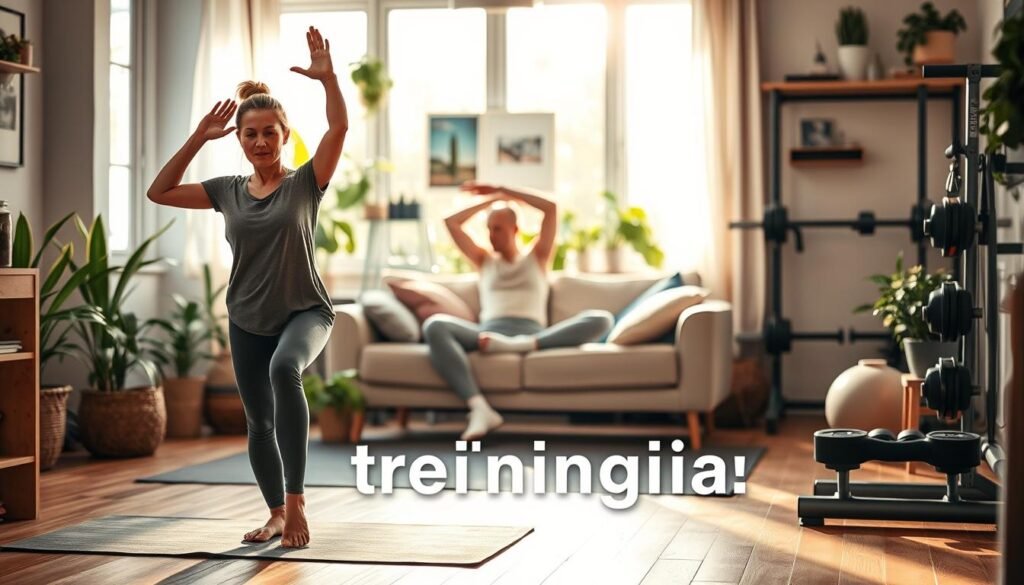 A vibrant indoor scene depicting various forms of daily movement at home, showcasing a cozy living space. In the foreground, a person in modest casual clothing performing a yoga pose on a mat, displaying calm and focus. In the middle, another individual is doing light stretching while seated on a sofa, surrounded by houseplants and soft lighting that creates a welcoming atmosphere. The background features a well-organized home gym area with weights and fitness equipment, slightly blurred to emphasize action in the foreground. The overall mood is energetic yet serene, illuminated by natural sunlight streaming through a window, highlighting the importance of staying active indoors. Include branding elements subtly, showcasing "treningdnia.pl" integrated into the decor.
