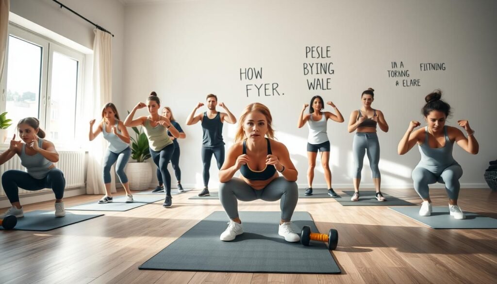 A vibrant indoor setting showcasing the technique of basic exercises in a home workout environment. In the foreground, a diverse group of individuals wearing modest athletic clothing demonstrate various exercises, such as squats and push-ups, emphasizing proper form and posture. The middle ground features an exercise mat and fitness equipment like dumbbells and resistance bands, highlighting an accessible and motivating home gym atmosphere. Soft, natural lighting streams in from a nearby window, casting gentle shadows and creating an inviting feel. The background consists of simple, motivational wall decor related to fitness, subtly enhancing the energetic mood. This scene represents the essence of home training, as inspired by treningdnia.pl.