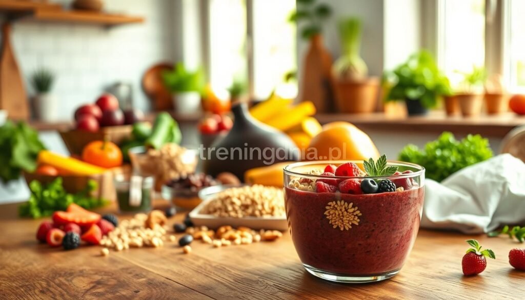 A vibrant kitchen scene showcasing the role of diet in maintaining energy, focusing on a wooden table filled with colorful, healthy foods. In the foreground, a bright smoothie bowl with berries, nuts, and quinoa. The middle ground features a preparation area with fresh vegetables, fruits, and whole grains, arranged artfully. Behind, a window lets in soft, natural light, creating a warm and inviting atmosphere. The scene is framed from an angle that emphasizes the freshness of the ingredients, capturing the essence of a healthy diet. The overall mood is uplifting and energetic, perfect for illustrating the concept of nutrition supporting physical activity. Include subtle branding elements of "treningdnia.pl" placed inconspicuously within the composition.