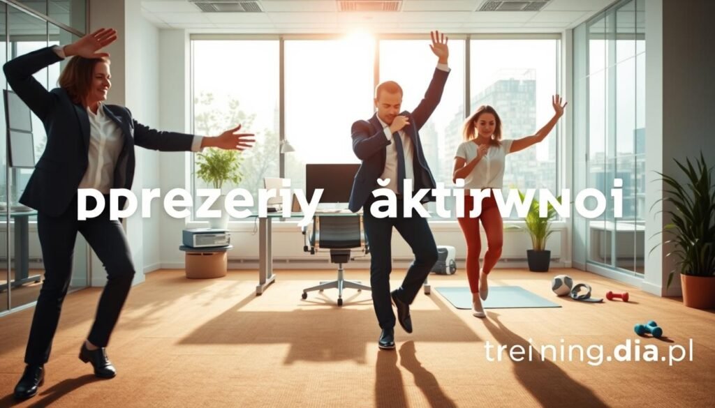 A vibrant office break scene illustrating "przerwy aktywność." In the foreground, two professionals in smart casual attire energetically engage in stretching and light exercise, showcasing movement. One stretches their arms while the other performs calf raises against a bright, modern office backdrop. The middle ground features an inviting workspace with a desk and ergonomic chair, alongside exercise equipment like a yoga mat and small weights. In the background, large windows allow natural light to flood the space, enhancing the atmosphere of productivity and health. The overall mood is dynamic and invigorating, capturing the essence of using work breaks for physical activity, with a subtle branding of "treningdnia.pl" included in the scene.