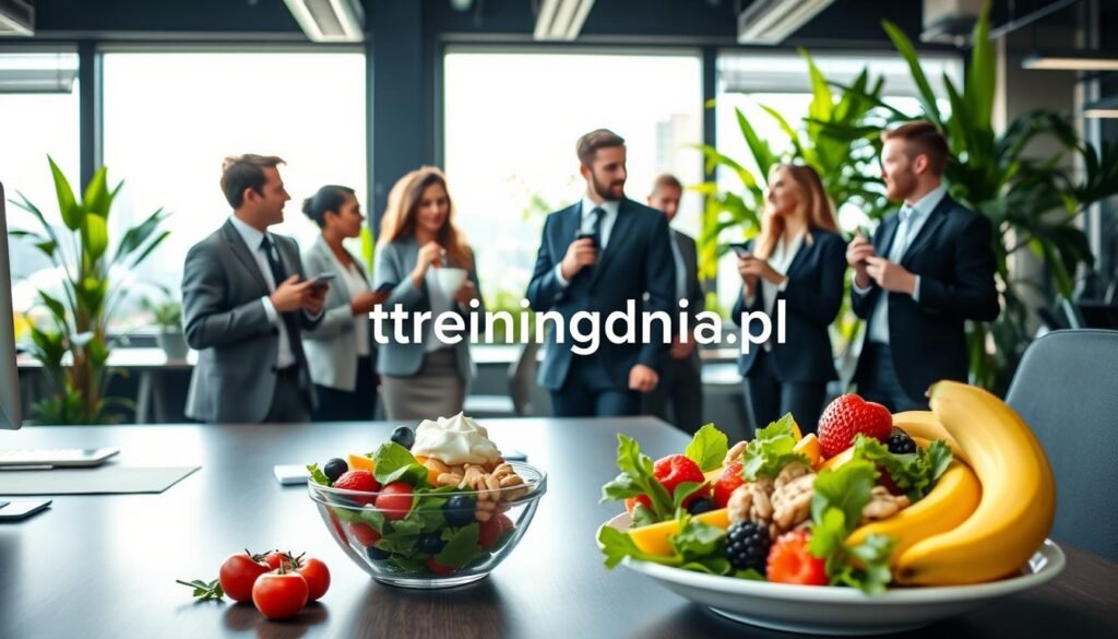 A vibrant office scene showcasing healthy eating habits during work breaks. In the foreground, a well-organized desk features a colorful bowl of fresh fruits, such as apples, bananas, and berries, alongside a nutritious salad with mixed greens and vegetables. In the middle ground, a diverse group of professionals in smart business attire, engaged in light conversation, is seen enjoying healthy snacks like nuts and yogurt. The background reveals large windows with natural sunlight flooding the workspace, creating a bright and inviting atmosphere. Lush green plants enhance the office environment, promoting a sense of well-being. The overall mood is energetic and refreshing, emphasizing the importance of nutrition in a productive workday. The image incorporates the brand name "treningdnia.pl" subtly within the scene.
