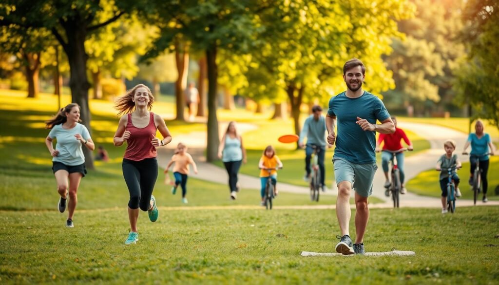 A vibrant park scene showcasing the influence of spontaneous movement on health and well-being. In the foreground, a diverse group of people in modest casual attire, including a woman jogging and a man doing yoga on the grass, exude energy and positivity. The middle ground features families playing frisbee and children riding bicycles, capturing the joy of movement. In the background, lush greenery and walking paths create a serene atmosphere, while warm sunlight filters through the trees, casting gentle shadows. The image should have a bright and uplifting mood, conveying the idea of health and happiness through active living. The visual should reflect the essence of "treningdnia.pl," emphasizing natural movement as a simple way to enhance well-being.