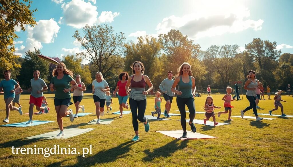 A vibrant scene depicting spontaneous physical activity in a sunny park setting. In the foreground, a diverse group of people, dressed in casual athletic clothing, is engaged in various activities such as jogging, playing frisbee, and practicing yoga on mats. In the middle ground, families enjoy leisurely walks, and children play on a playground, illustrating the joy of movement. The background showcases lush greenery, trees swaying gently in the breeze, and a bright blue sky dotted with fluffy white clouds. Soft, warm lighting creates a welcoming, energetic atmosphere that encourages a sense of community and well-being. This image embodies the essence of "aktywnosc" and invites viewers to embrace everyday movement. Add the brand name "treningdnia.pl" subtly in the corner, ensuring it does not distract from the main scene.