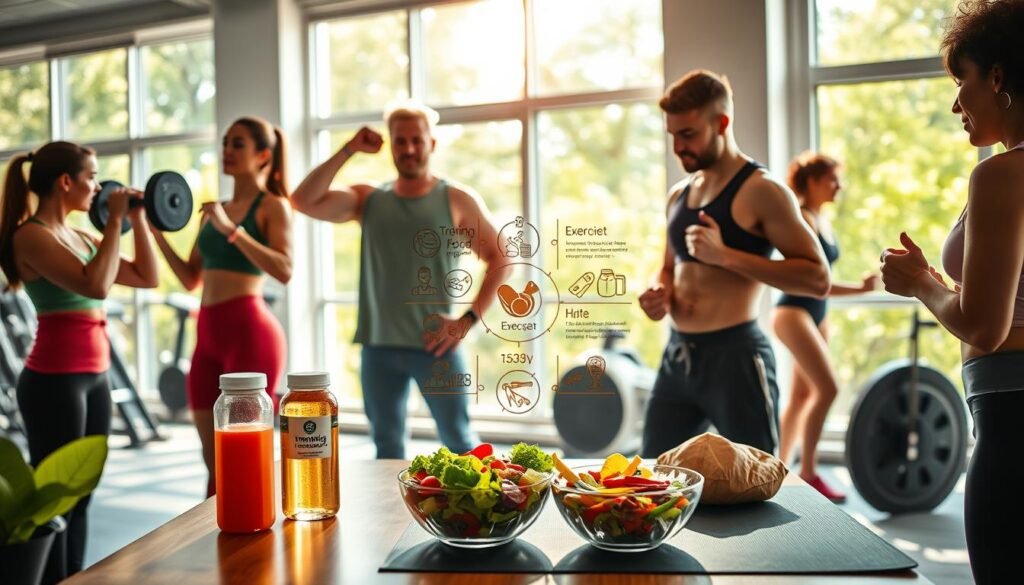 A vibrant scene depicting the harmonious blend of diet and physical activity, set in a sunlit, modern gym environment. In the foreground, a diverse group of individuals in professional activewear engage in various exercises, showcasing healthy lifestyles. One person is lifting weights, another is stretching, while a third enjoys a balanced meal, with a colorful salad and a protein shake on a nearby table. In the middle, an inspirational infographic illustrating food options and exercise routines appears, subtly integrated into the gym's vibrant atmosphere. The background features large windows letting in natural light, with greenery outside, enhancing the fresh and healthy ambiance. The overall mood is energetic and motivating, reflecting the synergy between diet and fitness. Incorporate elements representing 'treningdnia.pl' in a subtle way, such as a logo on a water bottle or a fitness mat.