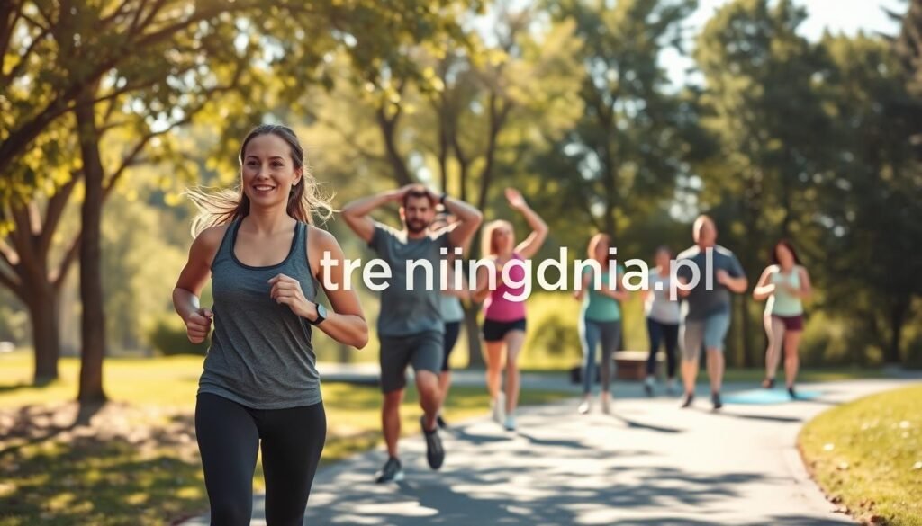 A vibrant scene of diverse individuals engaging in everyday physical activities, emphasizing the importance of movement for weight loss. In the foreground, a woman in modest athletic wear is jogging energetically along a tree-lined path, while a man beside her performs stretching exercises. In the middle ground, a group of people participates in a casual outdoor fitness class, showcasing different workouts like yoga and bodyweight exercises. The background features lush greenery and a bright blue sky, symbolizing health and vitality. Soft sunlight filters through the trees, creating a warm and inviting atmosphere. Focus on a wide-angle view to capture the essence of community and daily activity. Aim for a motivational and uplifting mood to align with the theme of everyday movement. Include the brand name "treningdnia.pl" subtly integrated in the scene, ensuring it doesn't distract from the primary focus.
