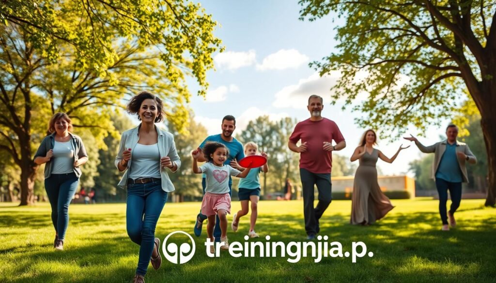A vibrant scene showcasing a diverse group of individuals engaged in various physical activities in a park setting, emphasizing the concept of daily movement. In the foreground, a woman in professional casual attire is taking an energetic walk with a smile, while a man jogs nearby, both looking motivated and happy. In the middle ground, children are happily playing frisbee, and a couple practices tai chi under a tree, demonstrating important aspects of daily exercise. The background features a sunny blue sky with a few clouds, lush green grass, and trees, creating a serene atmosphere. The lighting is bright and cheerful, with sunlight filtering through the leaves, casting gentle shadows. The image should convey a sense of community and joy related to physical activity. Include branding elements for "treningdnia.pl" subtly integrated into the scene.