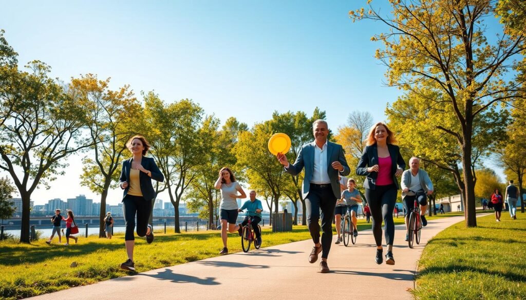 A vibrant scene showcasing the essence of healthy activity, set in a sunlit urban park. In the foreground, a diverse group of adults, dressed in professional business attire, engage in various physical activities—some practicing yoga, others jogging along a scenic path lined with trees. In the middle section, families play frisbee and ride bicycles, enjoying the sunshine and each other's company. The background features a clear blue sky and distant city buildings, hinting at a lively urban environment. The lighting is warm and inviting, emphasizing the joy of movement and the importance of regular exercise for overall health. The atmosphere is energetic yet peaceful, encouraging viewers to embrace an active lifestyle. Brand logo: treningdnia.pl.