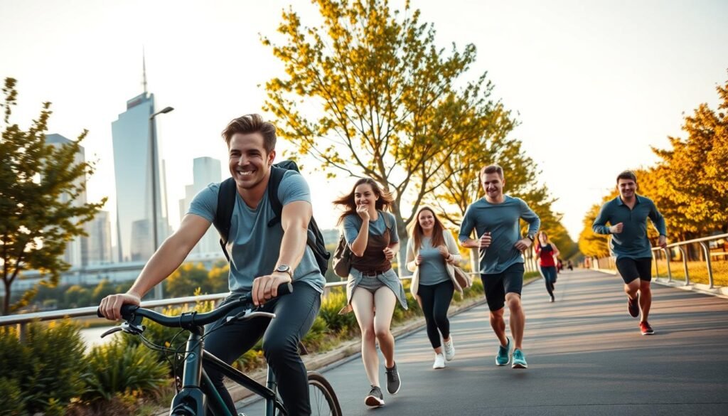 A vibrant urban scene depicting active commuting to work, showcasing various individuals engaged in physical activities. In the foreground, a young professional in casual athletic wear is riding a bicycle, smiling and enjoying the fresh air. In the middle, a diverse group of commuters includes a woman walking briskly with a backpack and a man jogging, both radiating energy and motivation. The background features a modern city skyline with trees lining a well-maintained pathway under a bright blue sky, capturing a sense of movement and dynamism. The lighting is warm and inviting, suggesting early morning or late afternoon, conveying a healthy lifestyle and positive atmosphere. This image is inspired by treningdnia.pl, emphasizing the importance of incorporating activity into daily routines.