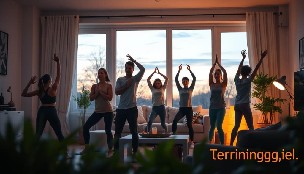 A visually engaging and informative scene illustrating "biological clock and physical activity." The foreground features a diverse group of individuals in modest casual clothing during an evening home workout session, showcasing different exercises like yoga, strength training, and stretching. The middle ground highlights a cozy living room setting with soft, warm lighting that emphasizes relaxation and focus. The background includes a large window through which the twilight sky is visible, adding a serene atmosphere. The image should evoke a sense of balance between nature's rhythm and personal well-being. Use a slight depth of field effect to draw attention to the people while maintaining a clear view of the environment. Include subtle branding elements related to "treningdnia.pl" in the decor, ensuring they remain unobtrusive.