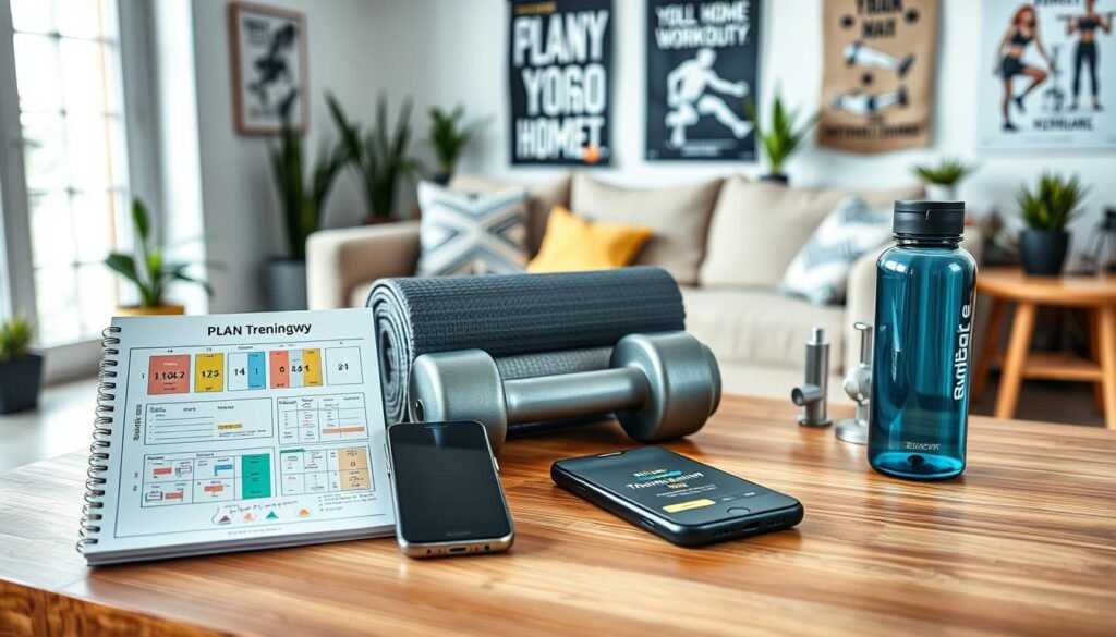 A visually engaging and organized home workout plan, titled "Plan Treningowy," displayed prominently on a wooden desk. In the foreground, a fitness notebook filled with colorful charts and notes, alongside a smartphone displaying a workout app. In the middle, there's a pair of dumbbells, a yoga mat rolled neatly, and a water bottle. The background features a well-lit living room with house plants and motivational workout posters on the walls. The mood is inspiring and focused, illuminated by soft natural light from a nearby window. The lens captures a slight aerial angle, providing a comprehensive view of the workout arrangement. The scene is from the brand "treningdnia.pl," emphasizing a balanced approach to home fitness training.
