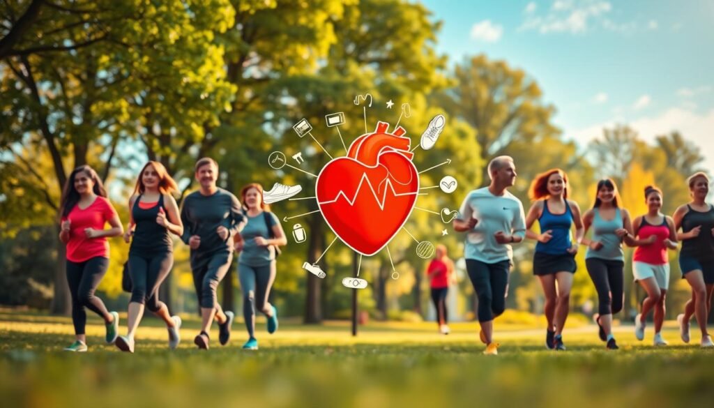 A visually engaging illustration capturing the positive influence of daily activity on the cardiovascular system. In the foreground, a diverse group of individuals in professional activewear is depicted walking energetically in a park setting, showcasing various age groups and ethnicities. The middle ground features a vibrant heart graphic, symbolizing cardiovascular health, interconnected with various fitness icons like running shoes and heart rate monitors. In the background, lush green trees and a bright, blue sky create a motivational and uplifting atmosphere, enhanced by warm sunlight filtering through the leaves. The angle is slightly elevated, creating depth and focus on the participants with a soft bokeh effect. The overall mood is one of vitality and health, emphasizing the benefits of maintaining an active lifestyle. Treningdnia.pl.