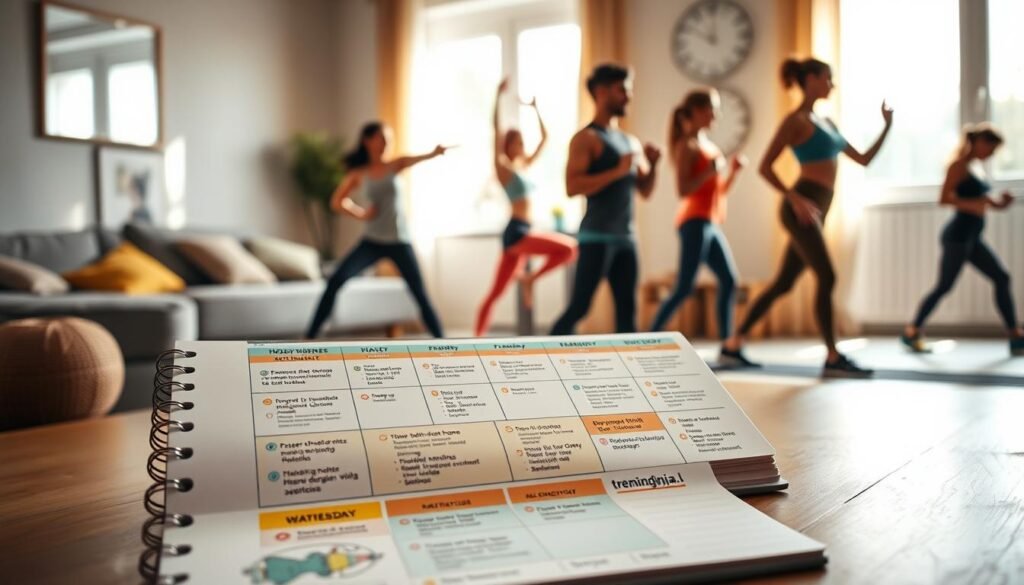 A visually engaging image depicting a "7-day challenge schedule" for home workouts, showcasing training activities that energize the entire body. In the foreground, a neatly arranged planner with a colorful week-long schedule, featuring illustrations of various exercises like yoga, bodyweight workouts, and stretches, all in a clear layout. In the middle ground, soft silhouettes of individuals dressed in modest athletic clothing, performing different exercises, creating a dynamic sense of movement. The background should be a serene home environment, with natural light filtering through a window, casting warm shadows. The overall mood is motivational and inviting, balancing between productivity and wellness, with the logo "treningdnia.pl" subtly included as part of the design.