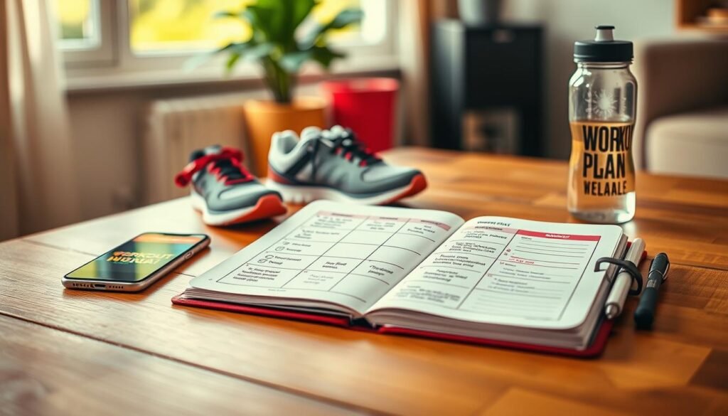A visually engaging scene depicting a well-structured workout plan layout. In the foreground, a wooden table with a neatly organized notebook open to a page titled "Workout Plan", featuring a weekly schedule filled with exercises like squats, push-ups, and lunges, alongside motivational quotes. A smartphone with a fitness app is placed beside it with visual aids. In the middle ground, a pair of sneakers and a water bottle create an approachable atmosphere. The background softly blurs to reveal a home interior with natural light streaming through a window, illuminating the scene and creating a warm, inviting mood. The colors are vibrant yet calming, evoking a sense of motivation and readiness to train. The scene subtly incorporates the brand name "treningdnia.pl" into the workout plan layout.