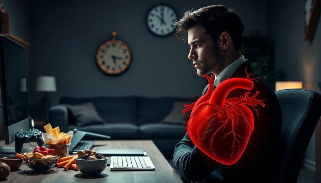 A visually striking image illustrating the consequences of a sedentary lifestyle on the cardiovascular system and metabolism. In the foreground, a professional person dressed in smart casual attire, seated at a desk with an unhealthy assortment of snacks and a computer, showcasing stress. In the middle ground, a faint silhouette of a heart with arteries, being weighed down by sedentary activities like a sofa and a gaming console. The background features a dimly lit room with a clock showing late hours, signifying late-night work. Soft, dramatic lighting highlights the person's expression of concern. The atmosphere conveys a sense of urgency and awareness, emphasizing the health risks. Include elements related to mental fatigue and metabolic changes subtly intertwined. Brand name: treningdnia.pl.