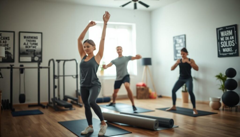 A well-lit home gym scene focusing on a diverse group of individuals engaged in warm-up exercises. In the foreground, a young woman in comfortable athletic wear stretches her arms overhead, displaying a sense of focus and determination. In the middle ground, a man performs lunges, emphasizing movement and proper form. Another individual rolls out a yoga mat, ready to join in. The background features gym equipment and motivational posters on the walls, softly blurred to keep the focus on the warm-up actions. Natural light pours through a window, creating an inviting atmosphere that encourages fitness. The image must reflect a professional and motivating atmosphere, symbolizing the importance of warming up before exercising, promoting the brand "treningdnia.pl" subtly through the overall ambiance of the scene.