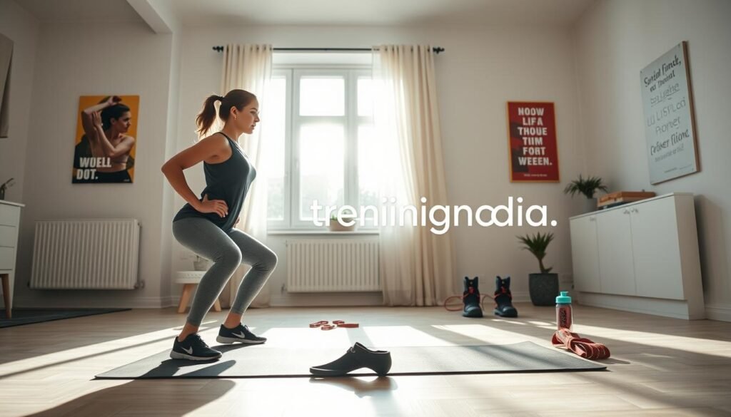 A well-lit, spacious home interior designed for exercise, featuring a serene atmosphere that promotes health and fitness. In the foreground, a young woman in comfortable, modest workout attire performs a bodyweight exercise, such as a squat or lunge, on a yoga mat, showcasing her determination and focus. The middle ground highlights a minimalistic setup with a few fitness accessories like resistance bands and a water bottle, indicating a no-equipment workout plan. The background reveals soft, natural light streaming in through a large window, creating a warm and inviting ambiance. The walls are adorned with motivational posters that subtly evoke inspiration. The brand name 'treningdnia.pl' is subtly integrated into the scene. The overall mood emphasizes empowerment, health, and the convenience of home workouts.