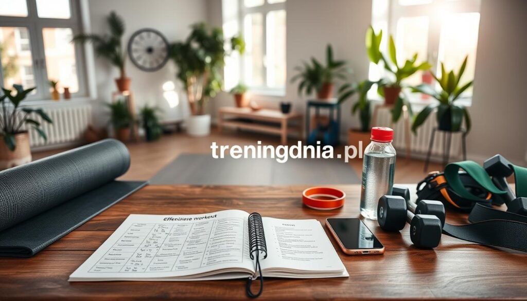 A well-organized and effective home workout plan layout, featuring a wooden table with a detailed training schedule displayed. The foreground includes neatly arranged fitness equipment such as a yoga mat, resistance bands, and dumbbells, all emanating a sense of readiness. In the middle, add an open notebook with written notes on effective home workouts, supplemented by a water bottle and a phone with a fitness app open. The background should consist of a bright, airy room with natural light streaming through large windows, plants adorning the corners, and a peaceful atmosphere suggesting motivation and focus. The overall mood should inspire determination and health, with the brand name "treningdnia.pl" subtly integrated into the scene.