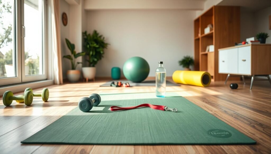 A well-organized home workout space prepared for exercise, featuring a modern and inviting atmosphere. In the foreground, a yoga mat neatly laid out, alongside a set of dumbbells and resistance bands. The middle ground showcases an exercise ball and foam roller, with a water bottle placed nearby for hydration. In the background, a large window allows natural light to flood the room, highlighting the vibrant colors of the decor, like soft greens and warm wood tones. The overall mood is motivational and energizing, ideal for a home workout environment. The scene is framed by an open, airy layout, with a focus on creating a calm yet dynamic space for fitness. The image should reflect the branding of "treningdnia.pl."