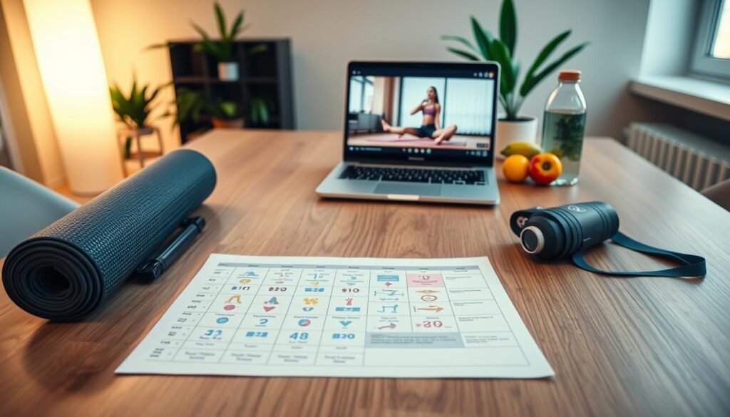 A well-organized workout plan laid out on a sleek, modern wooden table. In the foreground, a printed training schedule with colorful exercise icons, focusing on daily routines. A yoga mat is rolled up and placed on the side. In the middle, a laptop displaying a video tutorial of a home workout session. Fresh fruit and a water bottle are artistically arranged beside the laptop, creating a healthy ambiance. In the background, softly lit indoor plants bring a sense of tranquility. The atmosphere is calming and motivating, emphasizing a home-friendly fitness environment. The lighting is bright and inspiring, enhancing the feeling of an energizing space. Include the brand name "treningdnia.pl" subtly featured in the layout, ensuring a professional and polished look.