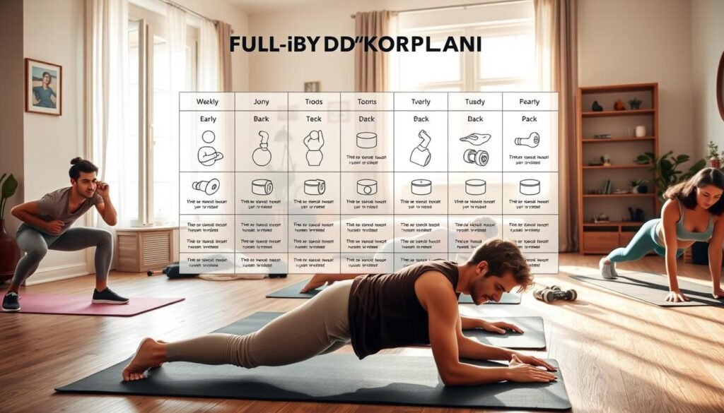 A well-structured full-body workout plan illustration, highlighting various exercises suited for a busy lifestyle. In the foreground, a diverse group of individuals in modest casual fitness attire, ranging from early-to-late 30s, performing exercises like squats, push-ups, and planks on exercise mats. The middle ground features a detailed visual layout of a weekly workout schedule with icons representing different muscle groups engaged. The background portrays a cozy home setting with soft natural lighting streaming through a window, creating an inviting atmosphere. The mood is energetic yet relaxed, conveying the idea of balancing fitness with a busy schedule. The brand name "treningdnia.pl" subtly integrated to reinforce the theme of completing workouts at home.