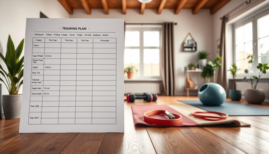 A well-structured training plan for home workouts focused on fat burning, depicted in an organized planner layout. In the foreground, showcase a detailed training schedule with time slots and exercise types. The middle ground should feature motivational images of fitness equipment like dumbbells, resistance bands, and yoga mats arranged aesthetically. In the background, create a cozy home workout space with soft lighting, wooden flooring, and a large window letting in gentle natural light, adding a calm and inviting atmosphere. Include touches of greenery, like potted plants, enhancing the overall motivational vibe. The image should embody a sense of focus and determination, representing "treningdnia.pl" to highlight the importance of customizing workout plans.