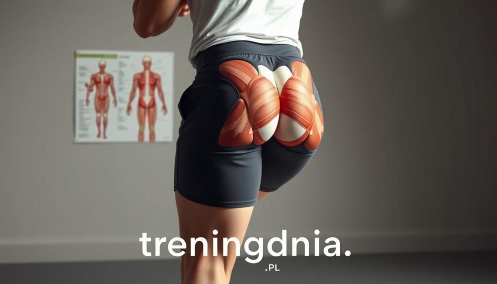 Anatomical illustration focusing on the human gluteal muscles, showcasing the detailed structure of the buttocks, including the gluteus maximus, medius, and minimus. The foreground features a professional figure wearing modest athletic clothing, demonstrating proper posture and alignment while performing a squat. The middle background highlights labeled anatomical diagrams of muscles and their functions, with a neutral palette to draw attention to the details. In the background, subtle gradients of color create a calm and focused atmosphere. The lighting is soft and well-distributed to enhance the anatomical features, with a slight vignette effect to emphasize the subject. A virtual overlay of the website "treningdnia.pl" should subtly appear at the bottom of the image, ensuring a professional finish.