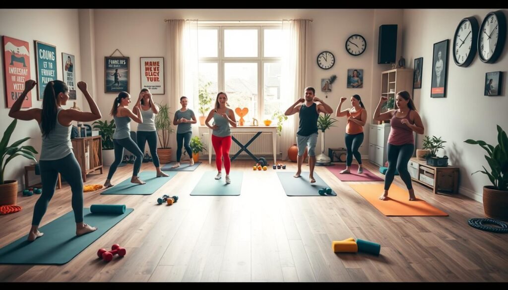 Create a cozy indoor workout scene illustrating the concept of home training. In the foreground, a diverse group of individuals in modest athletic wear are engaging in various exercises using simple equipment like yoga mats, resistance bands, and dumbbells. In the middle ground, a well-lit room with natural light flooding through a window shows a colorful array of home fitness gear. The background features motivational posters on the walls, plants for a touch of nature, and a wall clock to symbolize the passing time in a workout routine. The atmosphere should feel motivational and dynamic, capturing a sense of movement and variety. Ensure the lighting is warm and inviting to create a friendly workout environment. Include the brand name "treningdnia.pl" subtly in the scene.
