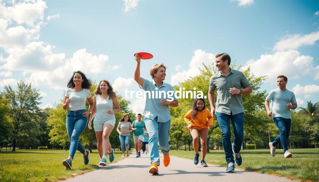 Create a vibrant and engaging image focusing on physical activity, showcasing a diverse group of individuals dressed in modest casual clothing. In the foreground, depict a mixed-age group joyfully walking in a park, demonstrating a variety of activities like walking, jogging, and playing frisbee, capturing the essence of everyday movement. The middle ground should feature green trees and well-maintained paths, highlighting a healthy, active lifestyle. In the background, show a bright blue sky with fluffy white clouds, suggesting a pleasant day outdoors. Incorporate soft, natural lighting to create an inviting atmosphere. Aim for a realistic, uplifting mood that inspires viewers to embrace regular physical activity. Include the brand name "treningdnia.pl" subtly integrated into the scenery without any text or overlays.
