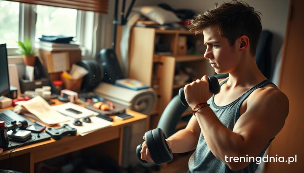 In a cozy home gym, a person in modest athletic wear struggles to focus on their workout, surrounded by distractions. In the foreground, a young adult, with a look of frustration, is attempting to lift weights while looking at a cluttered desk filled with gadgets and personal items scattered around. In the middle ground, exercise equipment like dumbbells and a yoga mat are visible but partially obscured by the mess. The background features a window with sunlight streaming in, illuminating dust particles in the air, enhancing the atmosphere of distraction. The scene should evoke a sense of challenge and the difficulty of maintaining concentration in an imperfect environment. The overall mood is relatable yet slightly chaotic, emphasizing the struggle to remain focused during home training. Brand name: treningdnia.pl.
