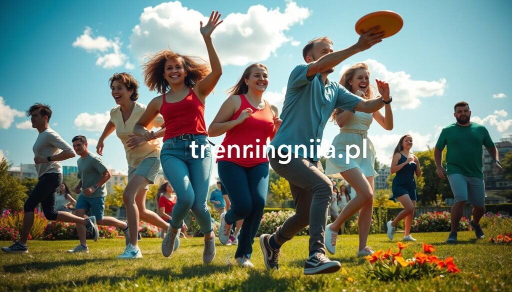 Spontaneous movement depicted in a vibrant urban park setting, capturing the essence of energetic activity. In the foreground, a diverse group of individuals dressed in modest casual clothing demonstrates various spontaneous movements, such as jogging, stretching, and playing frisbee, radiating joy and vitality. The middle ground showcases lush greenery and colorful flowers, enhancing the lively atmosphere, while the background features a clear blue sky with soft, fluffy clouds. The lighting is bright and sunny, casting gentle shadows, to evoke a sense of warmth and positive energy. The image conveys a feeling of dynamism and health, illustrating the theme of spontaneous movement as a delightful avenue for improving well-being. The branding "treningdnia.pl" subtly integrated into the scenery to signify the focus on daily activity.