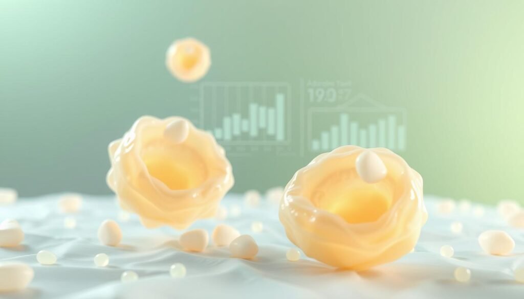 Visualize a detailed and scientific illustration of adipose tissue, commonly referred to as "fat cells," in a visually engaging way to highlight the concept of caloric deficit in body shaping. In the foreground, focus on a highly detailed 3D model of fat cells, showcasing their structure with translucent layers and subtle, organic colors like pale yellow and soft pink. In the middle ground, incorporate graphical elements that represent caloric measurement, such as numerical charts or diagrams demonstrating weight loss. The background should be a gradient depicting health, like a blend of light greens and blues, suggesting a positive transformation. Use soft, even lighting to create a calm atmosphere, reminiscent of a professional medical illustration. The composition should be clear and educational, ideal for a fitness-focused audience. Branding "treningdnia.pl" subtly integrated into the design.