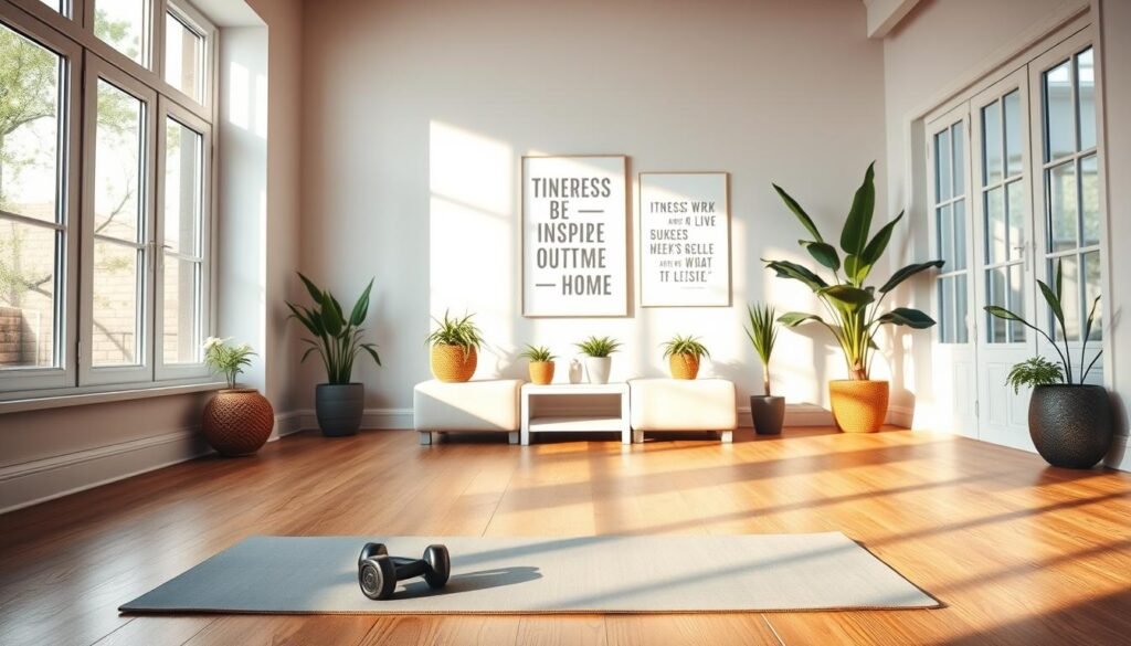 A bright and inviting home workout space featuring a cozy room filled with natural light streaming through large windows. In the foreground, a neatly organized yoga mat and small dumbbells are placed on a wooden floor, suggesting readiness for exercise. In the middle, a motivational poster with inspiring fitness quotes can be seen on the wall, combined with indoor plants that add a touch of greenery. The background features soft, warm lighting that creates a calming atmosphere, emphasizing the comfort of exercising at home. The overall mood is uplifting and encouraging, portraying a strong sense of motivation for home workouts. This image is associated with the brand "treningdnia.pl". A bright and inviting home workout space featuring a cozy room filled with natural light streaming through large windows. In the foreground, a neatly organized yoga mat and small dumbbells are placed on a wooden floor, suggesting readiness for exercise. In the middle, a motivational poster with inspiring fitness quotes can be seen on the wall, combined with indoor plants that add a touch of greenery. The background features soft, warm lighting that creates a calming atmosphere, emphasizing the comfort of exercising at home. The overall mood is uplifting and encouraging, portraying a strong sense of motivation for home workouts. This image is associated with the brand "treningdnia.pl".