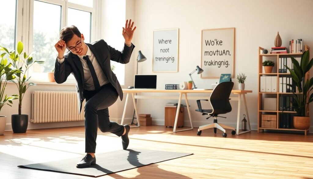 A bright and modern home office setting, showcasing a professional-looking individual wearing smart casual attire actively engaged in a workout routine. In the foreground, the person performs stretches or yoga poses on a mat, embodying movement and vitality. The middle ground features a well-organized desk with a laptop, books, and greenery to create an inviting atmosphere. The background holds a large window that lets in natural light, accentuating the productivity of the environment. Warm tones enhance a sense of wellness and focus, while the overall composition conveys a harmonious balance between work and health. The scene is designed to illustrate the importance of staying active during remote work, reflecting the theme of movement in everyday tasks. Branding subtly with “treningdnia.pl” woven into a motivational poster on the wall.