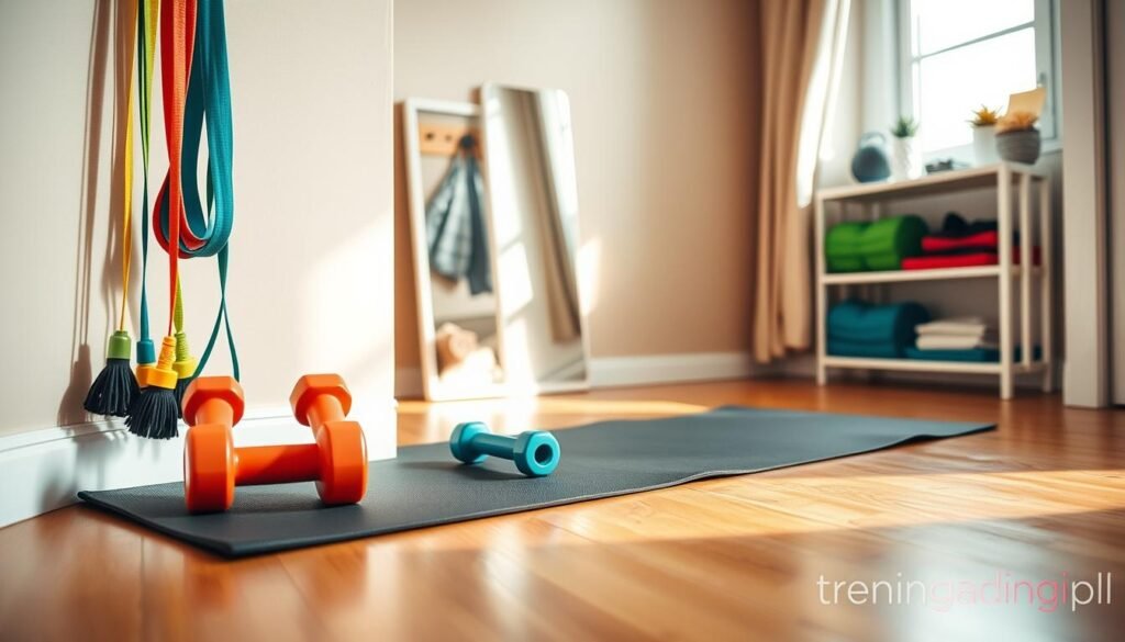 A cozy and functional workout space designed for small areas, featuring an assortment of exercise gear: a set of colorful resistance bands hanging neatly on a wall, a pair of adjustable dumbbells on a compact mat, and a yoga mat rolled out on a polished wooden floor. The foreground showcases these items with a warm, inviting ambiance. In the middle ground, there is a view of a small mirror reflecting the workout space, emphasizing its neatness. The background includes a well-organized shelf with fitness accessories. Soft natural light streams in from a nearby window, creating a motivational atmosphere. The image should embody a sense of practicality and inspiration for home workouts, suitable for a fitness article. Include a subtle brand note for "treningdnia.pl".