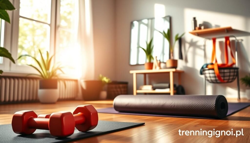 A cozy and inviting home gym scene showcasing a well-organized fitness space. In the foreground, a pair of colorful dumbbells and a yoga mat are neatly placed on a hardwood floor. In the middle ground, a wall-mounted mirror reflects a bright, sunlit room with plants, enhancing the vibrant atmosphere. The background features a small shelf adorned with fitness accessories like resistance bands and a water bottle. Soft, natural light streams through large windows, casting gentle shadows and creating a warm ambiance. The overall mood is motivating and energizing, capturing the essence of regularity in home workouts. Include subtle branding elements of "treningdnia.pl" in a tasteful manner.