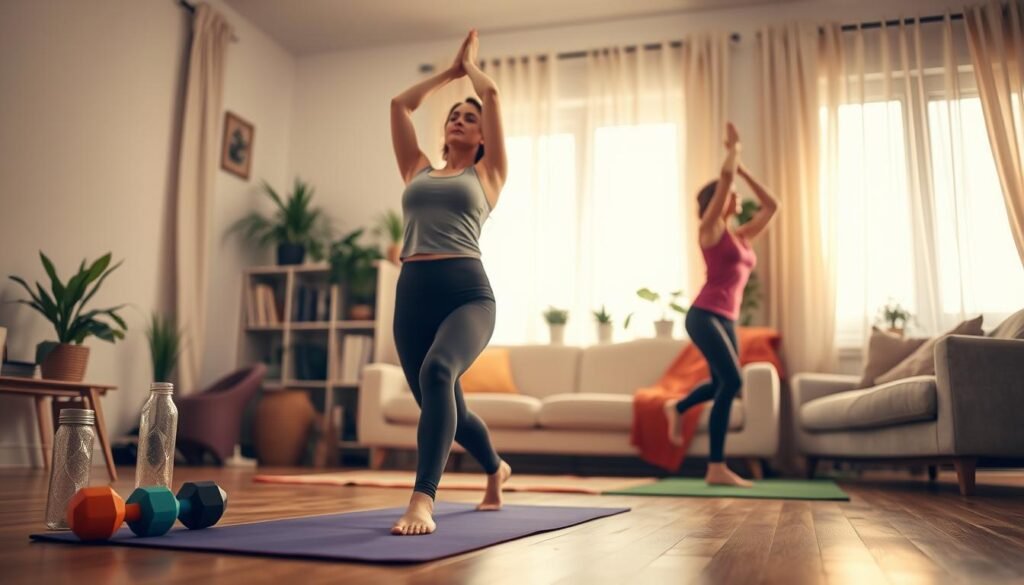 A cozy and inviting home setting showcasing a woman in modest athletic clothing engaged in various exercises, such as yoga, stretching, and bodyweight movements. The foreground features a colorful yoga mat with weights and a water bottle nearby, while the middle shows the woman, focused and serene, executing a yoga pose. The background displays a comfortable living room with soft lighting filtering through curtains, plants, and a stylish bookshelf, creating a warm atmosphere. The image should convey a sense of tranquility and empowerment, highlighting the benefits of home workouts. Capture the scene with warm tones and a shallow depth of field to emphasize the subject, delivering an inspiring yet relatable vibe. This image is created for treningdnia.pl.