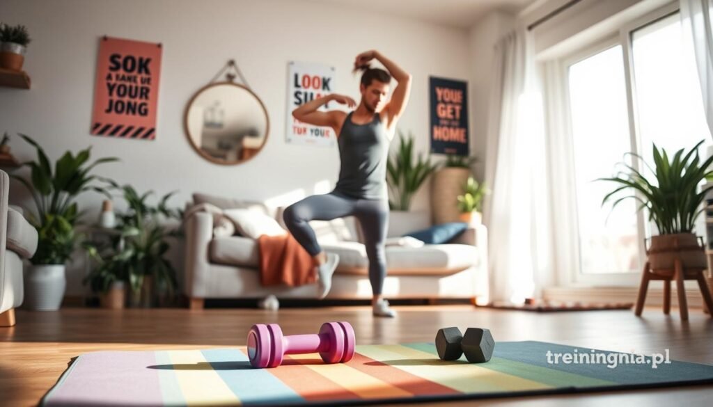 A cozy and inviting home workout space that emphasizes the benefits of training at home. In the foreground, a colorful yoga mat with a pair of dumbbells and a water bottle sits neatly on the floor. In the middle ground, a fit individual wearing modest athletic attire performs a stretching exercise, showcasing focus and determination. The background features a sunlit living room with houseplants, a wall-mounted mirror, and motivational fitness posters that inspire a positive atmosphere. Soft, natural light filters in through the window, casting gentle shadows. The overall mood is uplifting and encouraging, highlighting the accessibility and comfort of home training. Branding includes the logo "treningdnia.pl" subtly in the corner to complement the setting. A cozy and inviting home workout space that emphasizes the benefits of training at home. In the foreground, a colorful yoga mat with a pair of dumbbells and a water bottle sits neatly on the floor. In the middle ground, a fit individual wearing modest athletic attire performs a stretching exercise, showcasing focus and determination. The background features a sunlit living room with houseplants, a wall-mounted mirror, and motivational fitness posters that inspire a positive atmosphere. Soft, natural light filters in through the window, casting gentle shadows. The overall mood is uplifting and encouraging, highlighting the accessibility and comfort of home training. Branding includes the logo "treningdnia.pl" subtly in the corner to complement the setting.