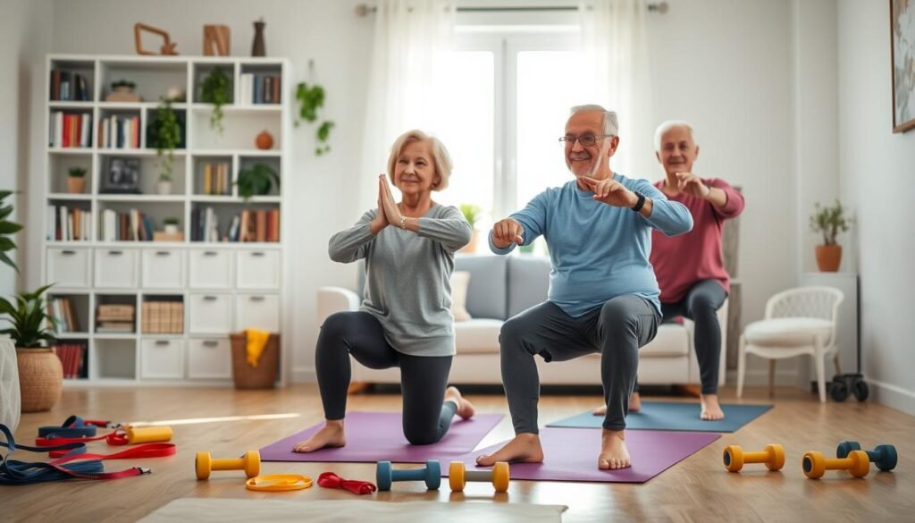A cozy and inviting living room scene where elderly individuals are engaged in gentle exercises at home. In the foreground, a friendly senior couple dressed in comfortable but modest activewear performs simple stretches together on yoga mats. In the middle ground, a bright, cheerful atmosphere with soft natural light pouring in through a window, illuminating various exercise tools like resistance bands and light dumbbells scattered around. The background features a well-organized shelf filled with books and plants, enhancing the sense of well-being and comfort. The mood is positive and encouraging, reflecting a supportive environment for safe physical activity. The image should evoke feelings of health and vitality, suitable for a section on starting safe home exercises for seniors. Include the brand "treningdnia.pl" subtly incorporated into the scene's decor.