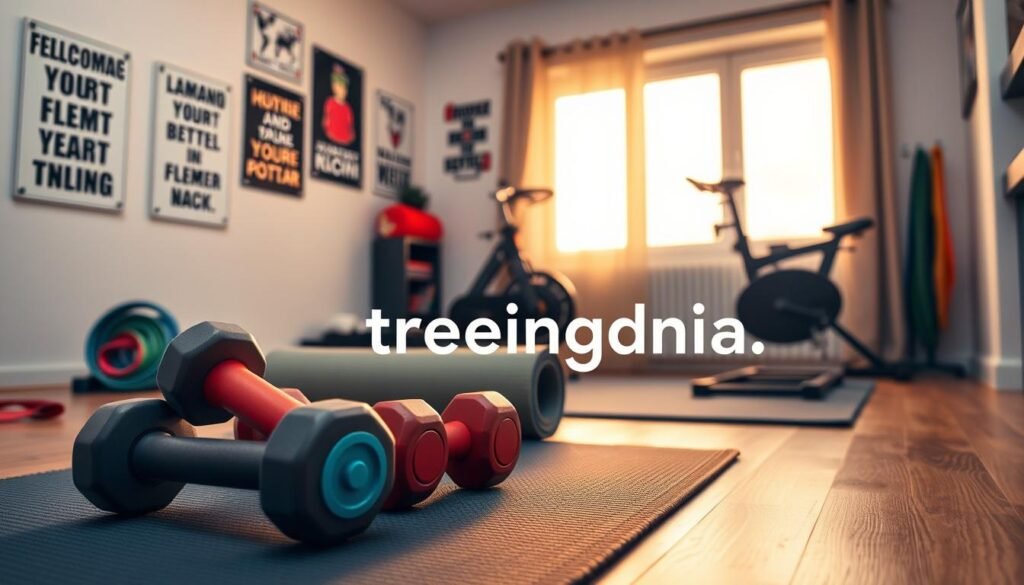 A cozy and well-organized home gym setting designed for beginners, featuring essential equipment like dumbbells, a yoga mat, resistance bands, and a stationary bike. In the foreground, display a sleek set of colorful dumbbells on a rubber mat, with a neatly rolled yoga mat beside it. In the middle, position a compact stationary bike against a wall adorned with motivational posters. In the background, include a large window letting in warm, natural light, illuminating the space and creating a welcoming atmosphere. Use a slightly elevated angle for the shot to capture depth and perspective. The overall mood should feel motivational and inviting, ideal for someone starting their fitness journey. The brand name "treningdnia.pl" should subtly imply a connection to this motivational environment.