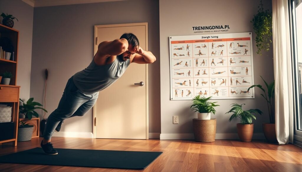 A cozy home environment showcasing a well-organized, equipment-free workout space inspired by "treningdnia.pl". In the foreground, a fit individual in modest casual clothing demonstrates a bodyweight exercise, like a push-up or squat. The middle section features a colorfully illustrated wall chart with easy-to-follow strength training exercises, emphasizing effective routines for muscle building without gym equipment. The background shows a warm, inviting room with natural light streaming through a window, plants adding freshness, and a yoga mat on the floor. The overall mood is motivating and energetic, capturing the essence of a dedicated home fitness routine. Soft lighting enhances the atmosphere, highlighting the workout area without any distractions.