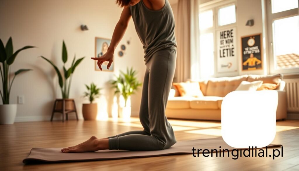 A cozy home environment showcasing simple mobilization exercises. In the foreground, a person in modest casual athletic wear performs a gentle stretching exercise on a soft yoga mat. The middle ground features a bright, inviting living room with natural light streaming through a large window, casting warm shadows that enhance the home's inviting atmosphere. Neutral-colored walls and a few green plants add a sense of calm. The background shows a cozy couch and inspirational fitness posters on the walls. The lighting is soft and warm, creating a motivating and peaceful mood. The brand name “treningdnia.pl” subtly included in a minimalistic, artistic form in the corner of the image.