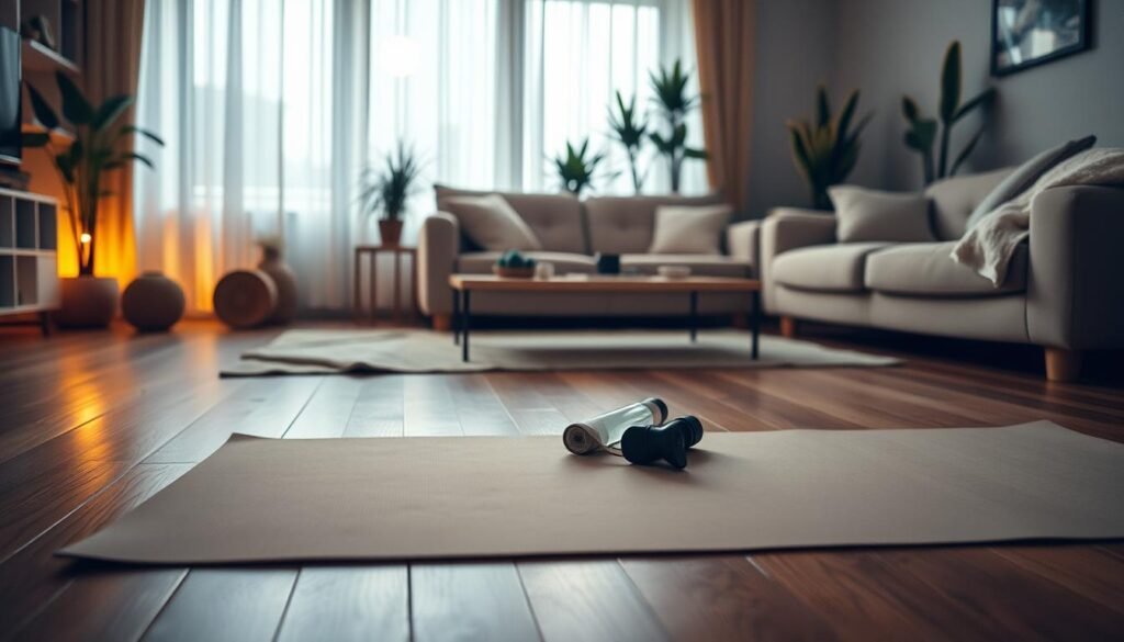 A cozy home exercise space on a wooden floor, illuminated by soft, warm ambient lighting. In the foreground, a light yoga mat is laid out, complementing the serene atmosphere. In the middle ground, a neatly arranged selection of small, unobtrusive items for a quiet workout, like a water bottle and a towel, are placed gracefully near the mat. The background features a softly lit living room with plush furniture, indoor plants, and a large window draped with sheer curtains, allowing gentle moonlight to linger. The overall mood is calm and inviting, ideal for mindful, low-impact training. This peaceful scene reflects the tranquility of home workouts, created for the audience of treningdnia.pl. A cozy home exercise space on a wooden floor, illuminated by soft, warm ambient lighting. In the foreground, a light yoga mat is laid out, complementing the serene atmosphere. In the middle ground, a neatly arranged selection of small, unobtrusive items for a quiet workout, like a water bottle and a towel, are placed gracefully near the mat. The background features a softly lit living room with plush furniture, indoor plants, and a large window draped with sheer curtains, allowing gentle moonlight to linger. The overall mood is calm and inviting, ideal for mindful, low-impact training. This peaceful scene reflects the tranquility of home workouts, created for the audience of treningdnia.pl.