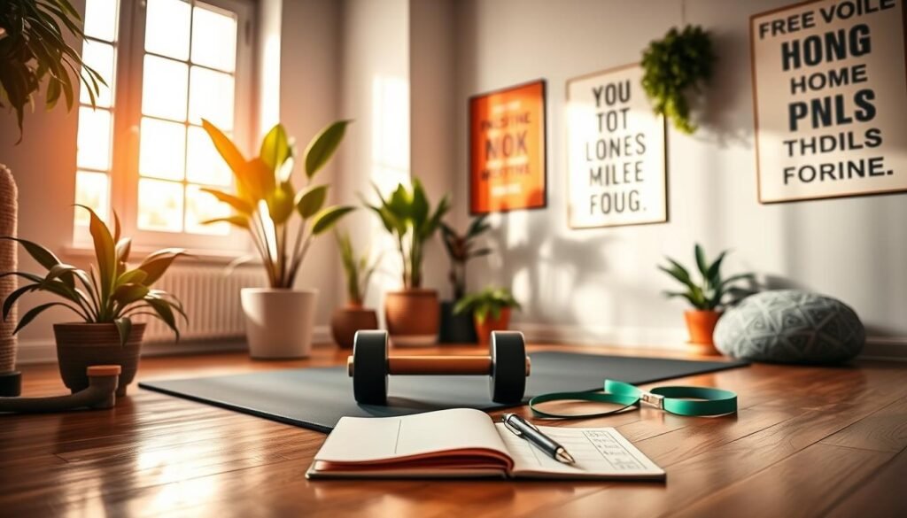 A cozy home gym environment designed to inspire motivation for exercise. In the foreground, a well-organized workout area featuring an exercise mat, dumbbells, a resistance band, and a fitness journal with a pen, all arranged neatly. In the middle ground, a large window allowing warm, natural light to flood the space, complemented by green potted plants adding a touch of freshness. The background showcases motivational posters on the walls with invigorating quotes, enriching the atmosphere. The room is painted in calming hues with hardwood flooring creating a welcoming feel. The scene is captured from a slightly elevated angle to emphasize the inviting space. The overall mood is uplifting and energetic, perfectly reflecting “treningdnia.pl” and the idea of creating a motivating workout environment at home. A cozy home gym environment designed to inspire motivation for exercise. In the foreground, a well-organized workout area featuring an exercise mat, dumbbells, a resistance band, and a fitness journal with a pen, all arranged neatly. In the middle ground, a large window allowing warm, natural light to flood the space, complemented by green potted plants adding a touch of freshness. The background showcases motivational posters on the walls with invigorating quotes, enriching the atmosphere. The room is painted in calming hues with hardwood flooring creating a welcoming feel. The scene is captured from a slightly elevated angle to emphasize the inviting space. The overall mood is uplifting and energetic, perfectly reflecting “treningdnia.pl” and the idea of creating a motivating workout environment at home.